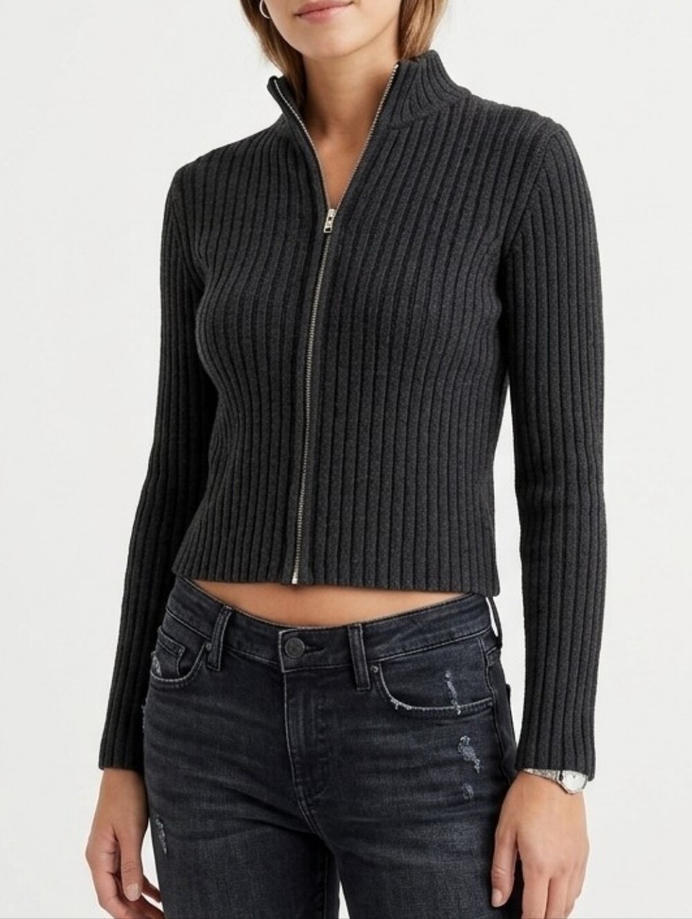 Y2K VS Moda International Cardigan Sweater S Black Zip Up Mock Neck Classy